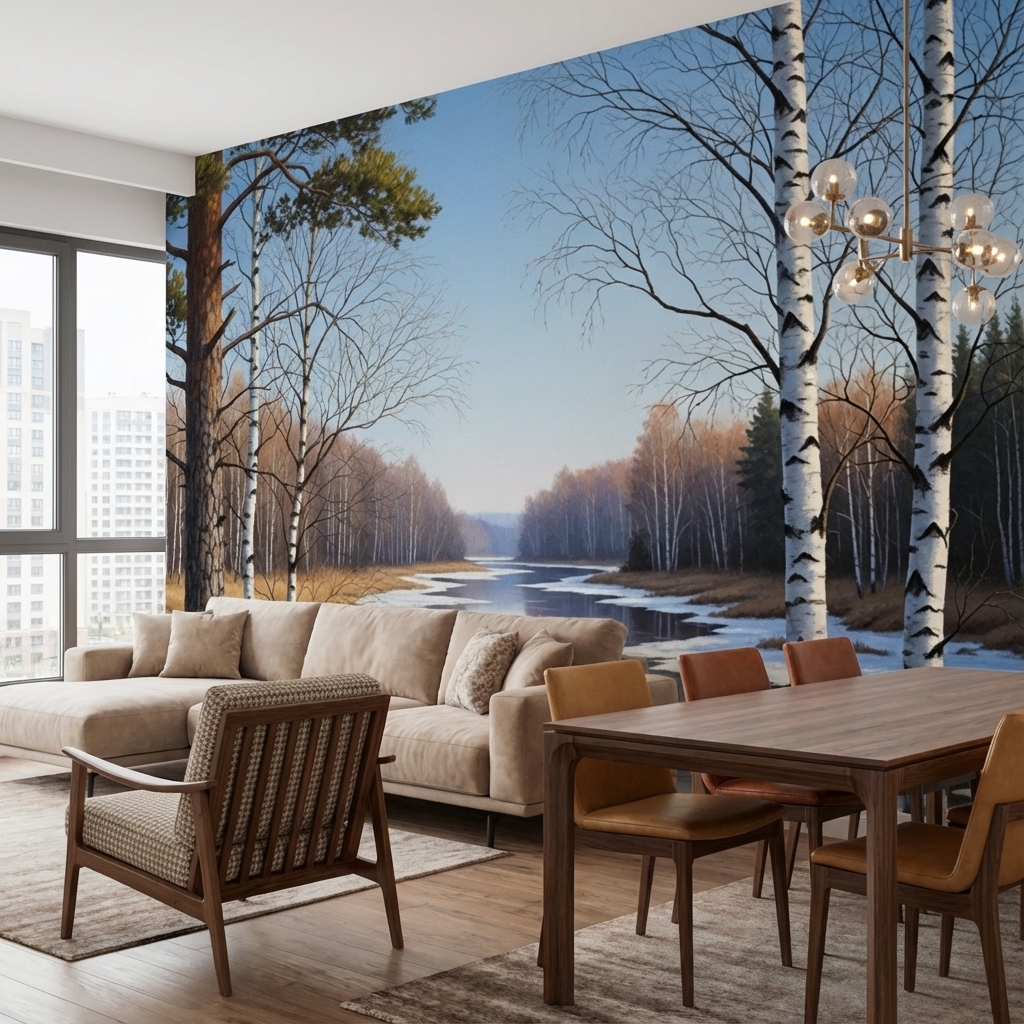 Kış Nehir Manzarası Duvar Kağıdı – Peel & Stick Doğa Temalı Modern Duvar Kağıdı