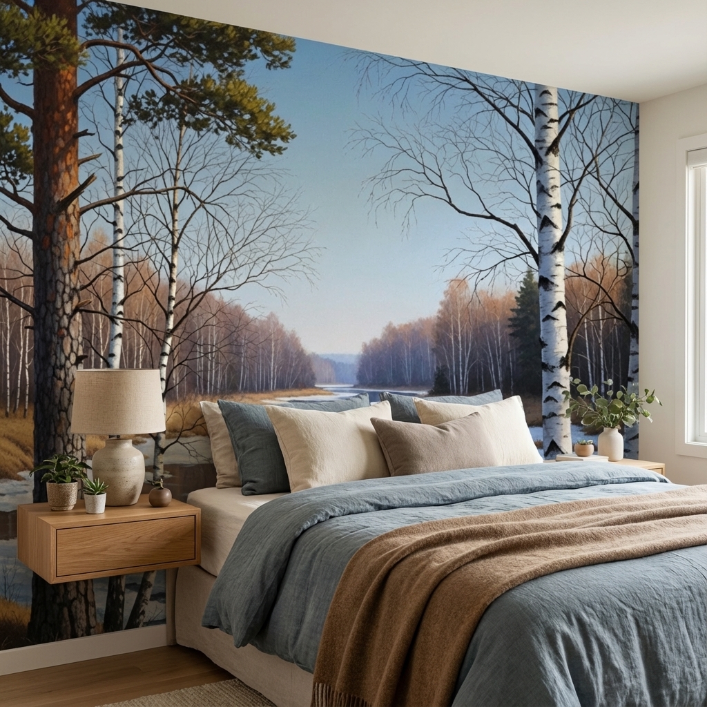 Kış Nehir Manzarası Duvar Kağıdı – Peel & Stick Doğa Temalı Modern Duvar Kağıdı