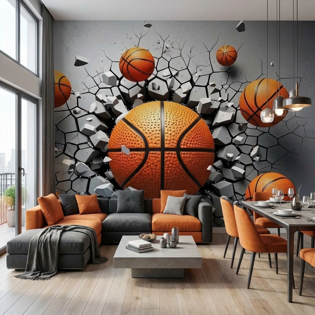 Basketbol Temalı 3D Duvar Kağıdı – Peel & Stick Spor Odası Duvar Kağıdı