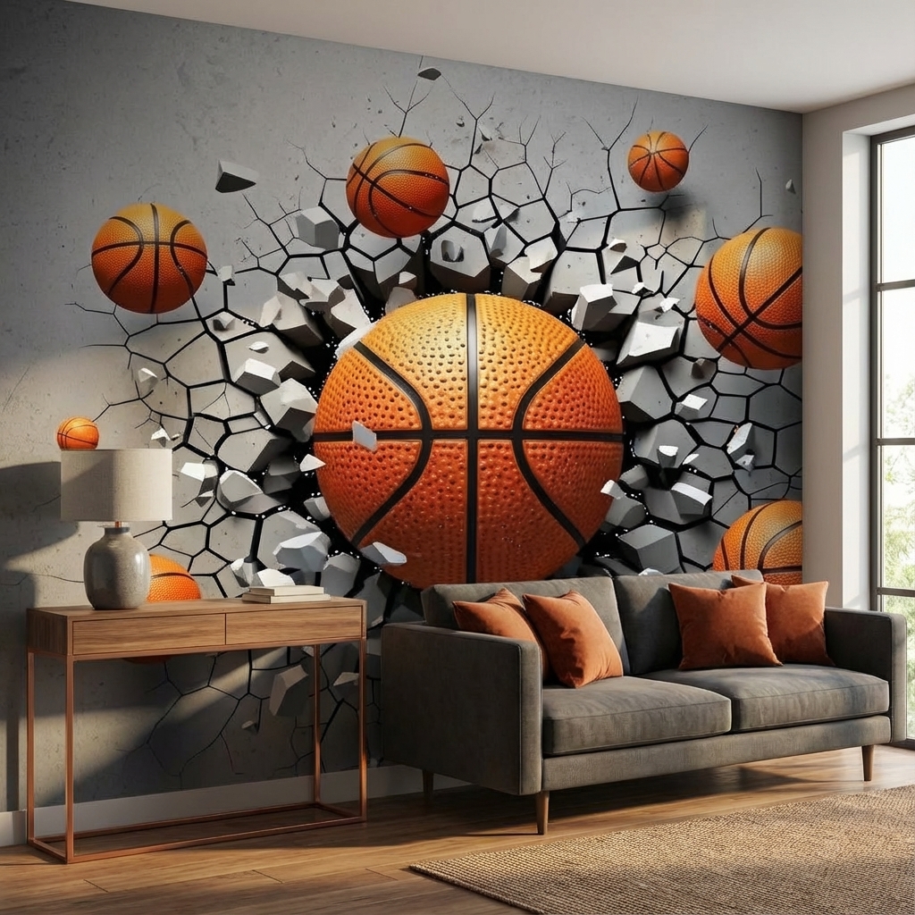 Basketbol Temalı 3D Duvar Kağıdı – Peel & Stick Spor Odası Duvar Kağıdı