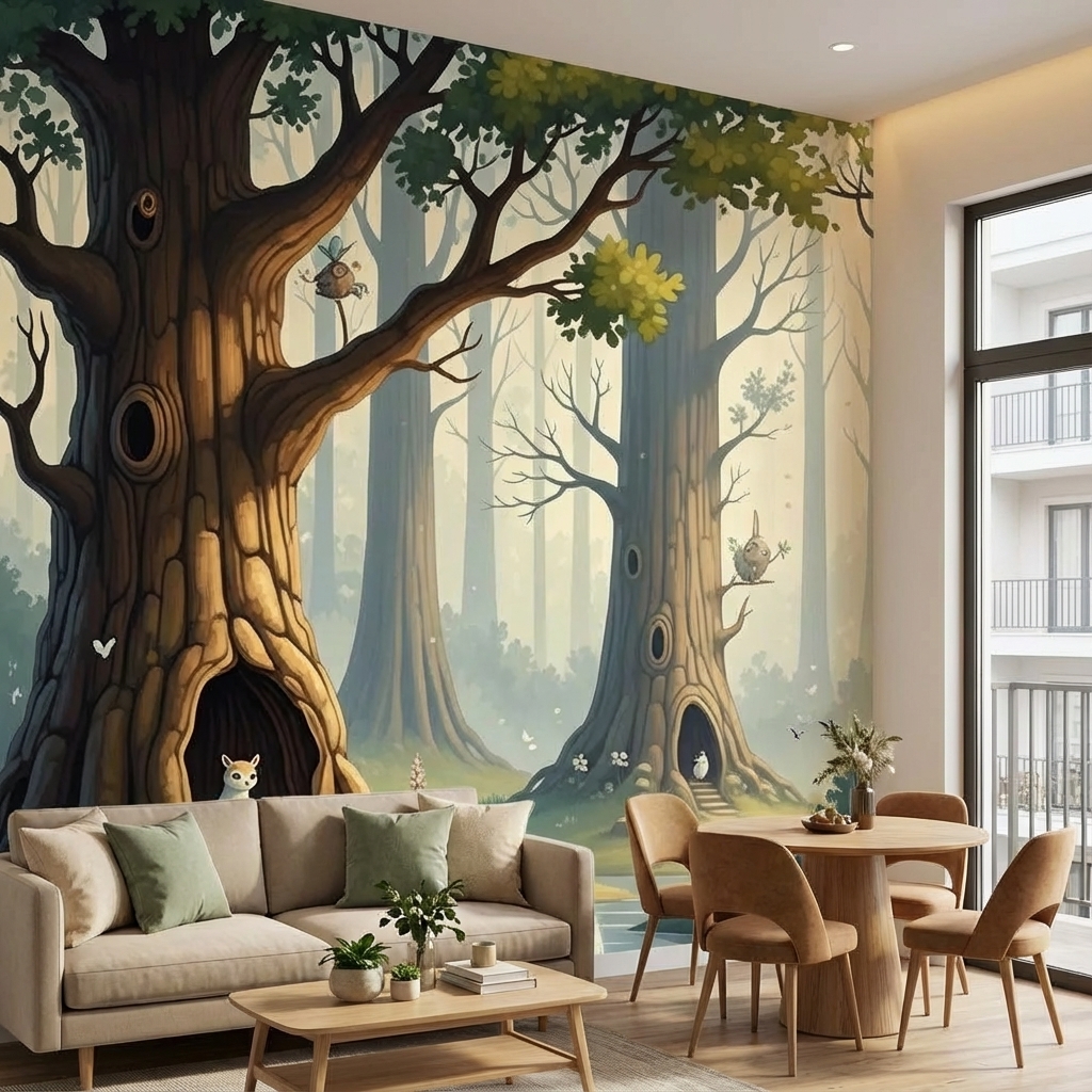 Masalsı Orman Ağaç Evleri Duvar Kağıdı – Peel & Stick Çocuk Odası Duvar Kağıdı