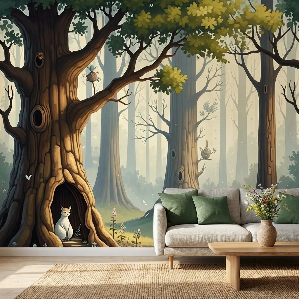 Masalsı Orman Ağaç Evleri Duvar Kağıdı – Peel & Stick Çocuk Odası Duvar Kağıdı