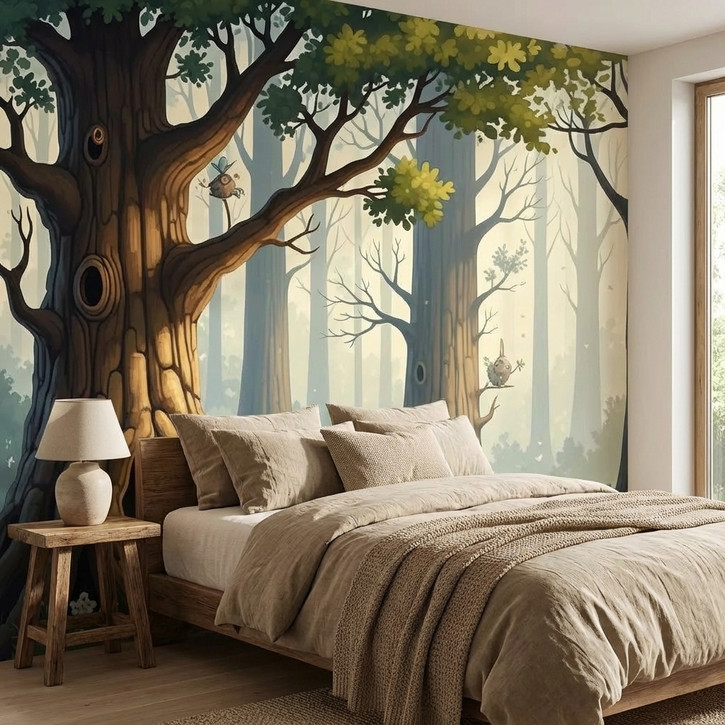 Masalsı Orman Ağaç Evleri Duvar Kağıdı – Peel & Stick Çocuk Odası Duvar Kağıdı