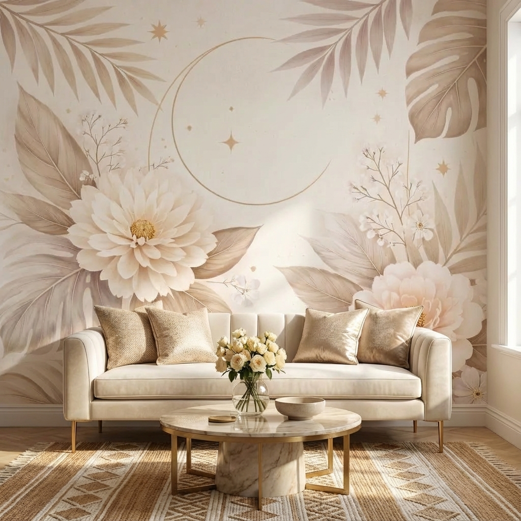 Bej Floral Duvar Kağıdı – Peel & Stick Zarif Çiçek Desenli Duvar Kağıdı