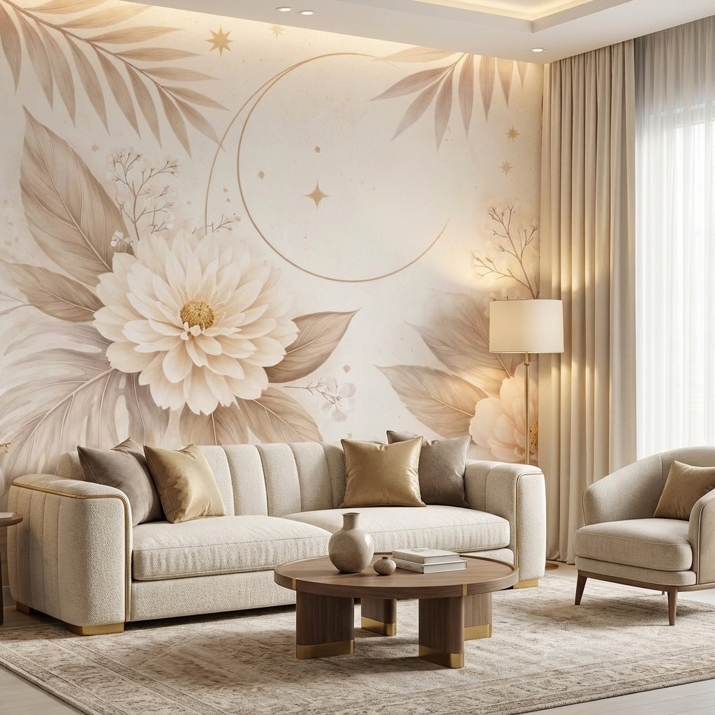 Bej Floral Duvar Kağıdı – Peel & Stick Zarif Çiçek Desenli Duvar Kağıdı