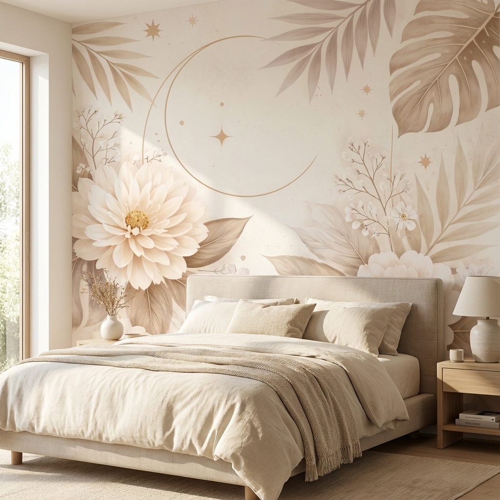 Bej Floral Duvar Kağıdı – Peel & Stick Zarif Çiçek Desenli Duvar Kağıdı