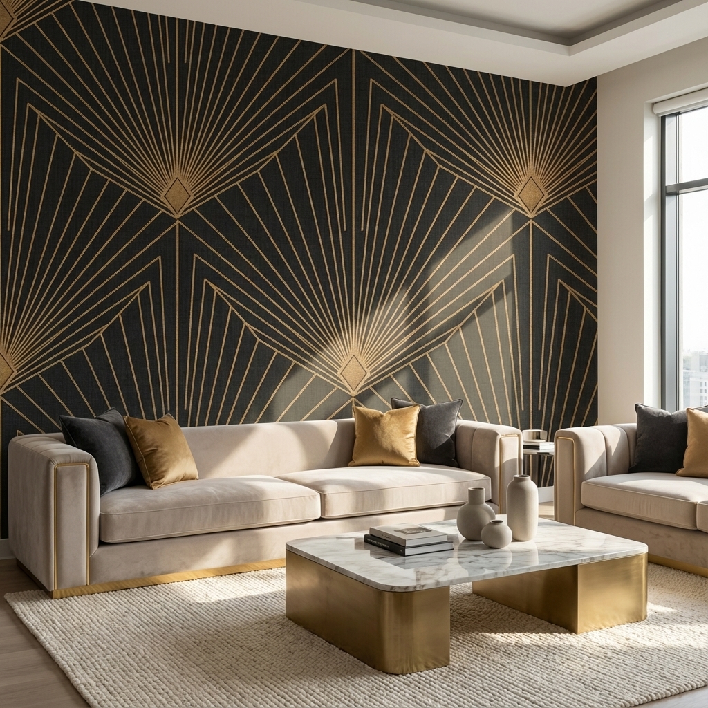 Art Deco Siyah Altın Duvar Kağıdı – Peel & Stick Geometrik Desenli Duvar Kağıdı