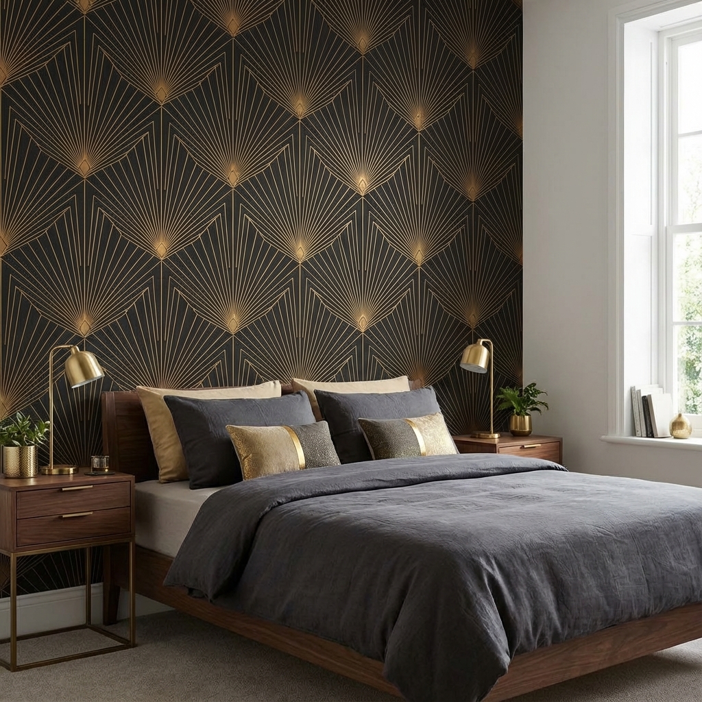 Art Deco Siyah Altın Duvar Kağıdı – Peel & Stick Geometrik Desenli Duvar Kağıdı