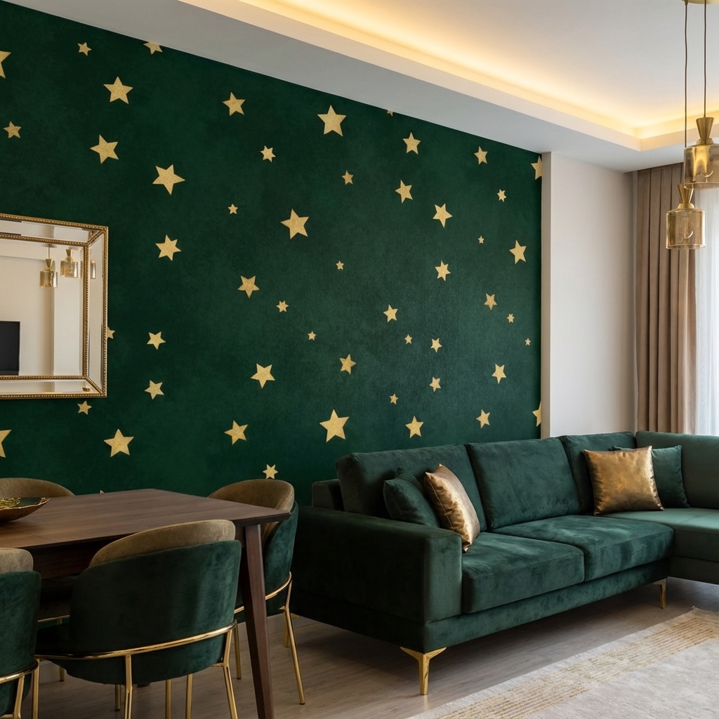 Yeşil Altın Yıldız Duvar Kağıdı – Peel & Stick Minimal Desenli Duvar Kağıdı