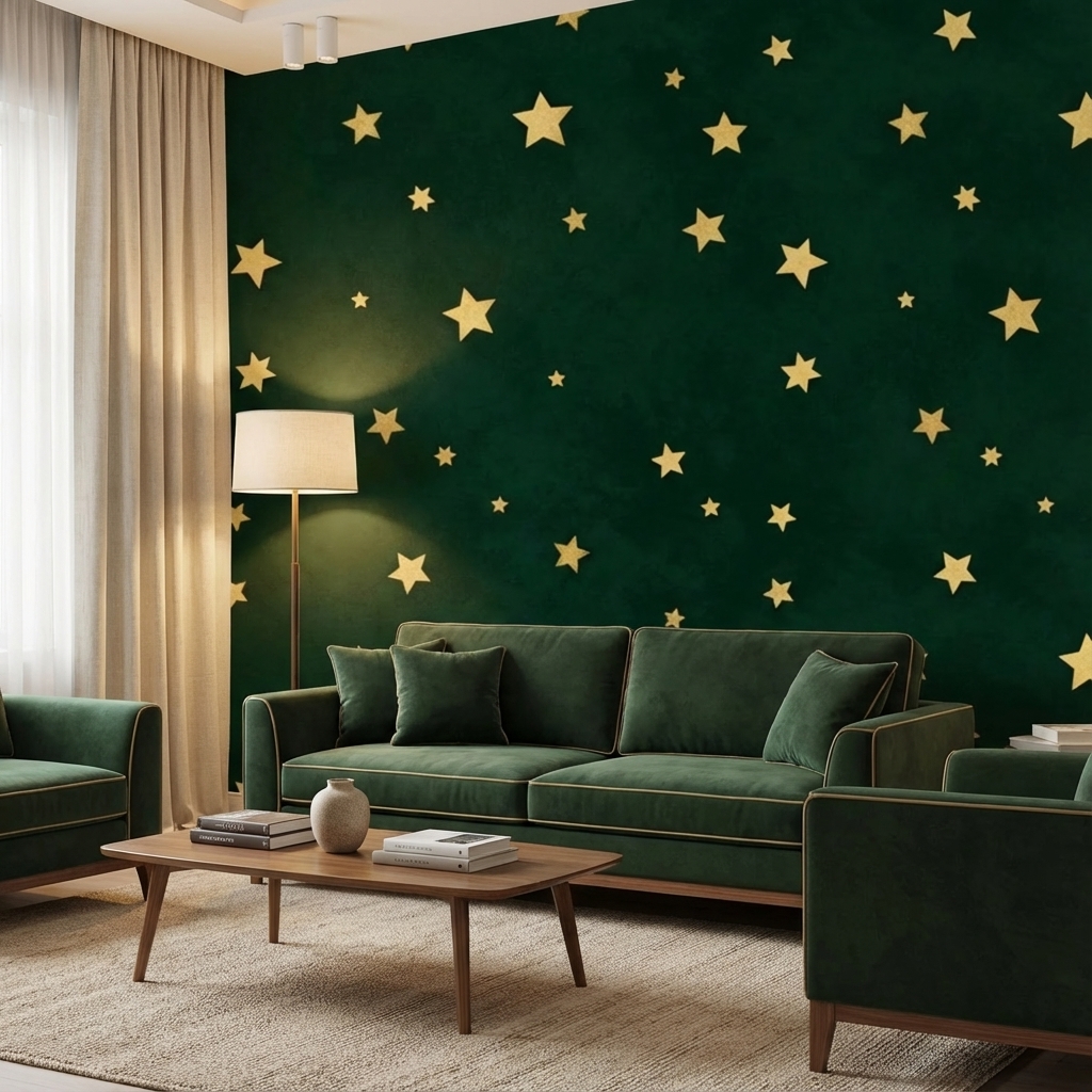 Yeşil Altın Yıldız Duvar Kağıdı – Peel & Stick Minimal Desenli Duvar Kağıdı