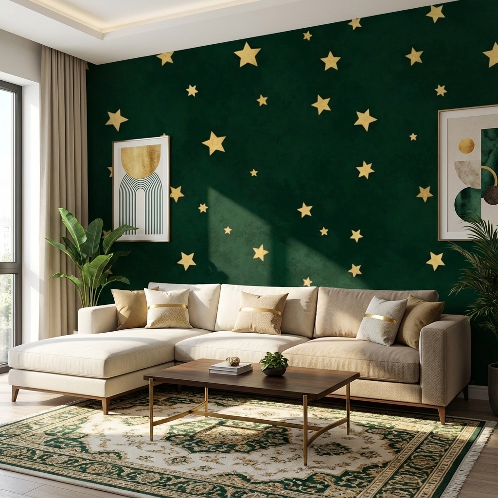 Yeşil Altın Yıldız Duvar Kağıdı – Peel & Stick Minimal Desenli Duvar Kağıdı