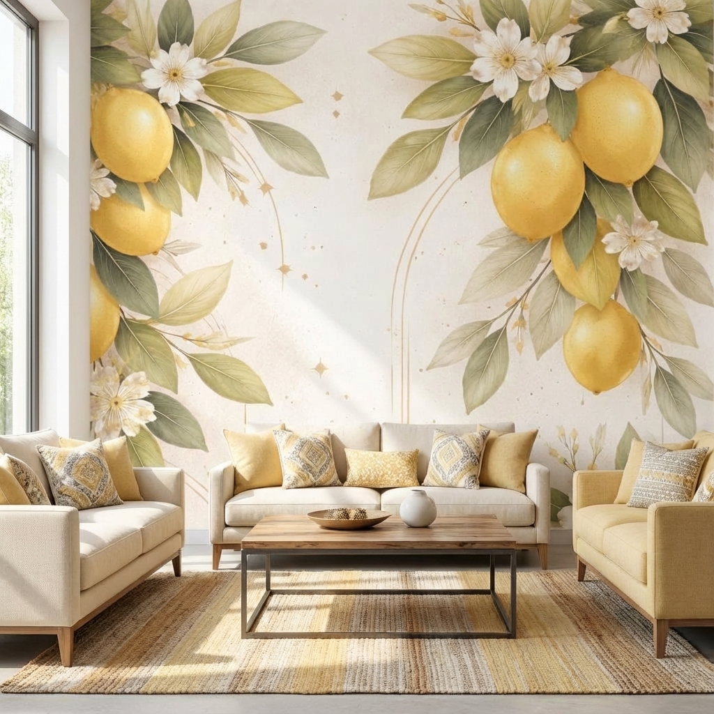 Limon Çiçekli Duvar Kağıdı – Peel & Stick Akdeniz Tarzı Duvar Kağıdı