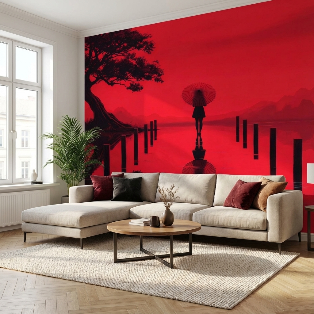Japon Kırmızı Minimal Duvar Kağıdı – Peel & Stick Zen & Asya Temalı Duvar Kağıdı