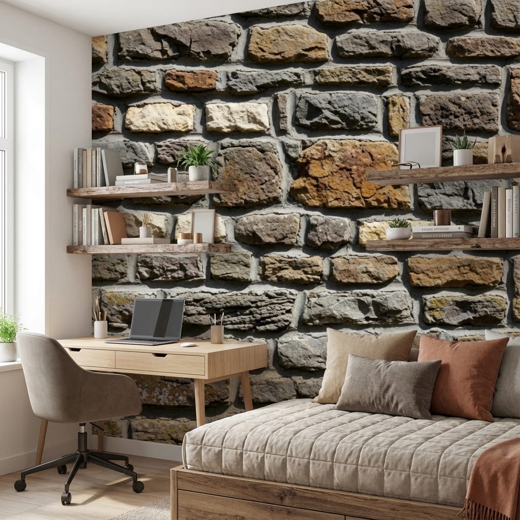 Rustik Taş Duvar Desenli Duvar Kağıdı – Peel & Stick Doğal Taş Dokulu Duvar Kağıdı