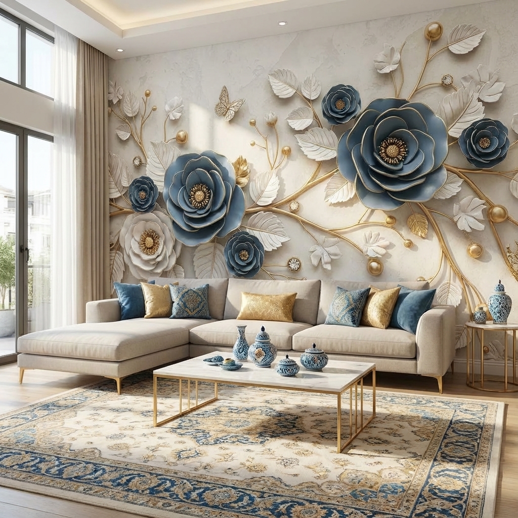 Mavi Altın 3D Çiçek Duvar Kağıdı – Peel & Stick Lüks Floral Duvar Kağıdı