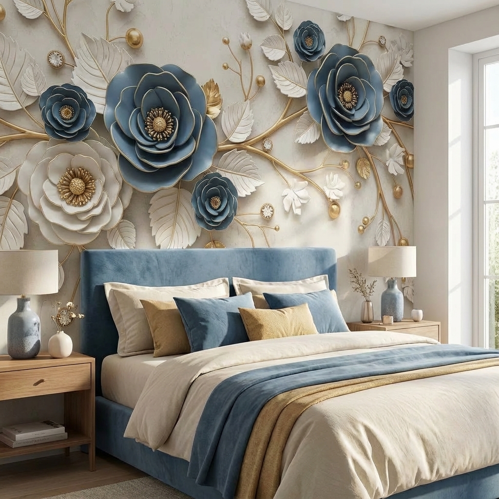 Mavi Altın 3D Çiçek Duvar Kağıdı – Peel & Stick Lüks Floral Duvar Kağıdı