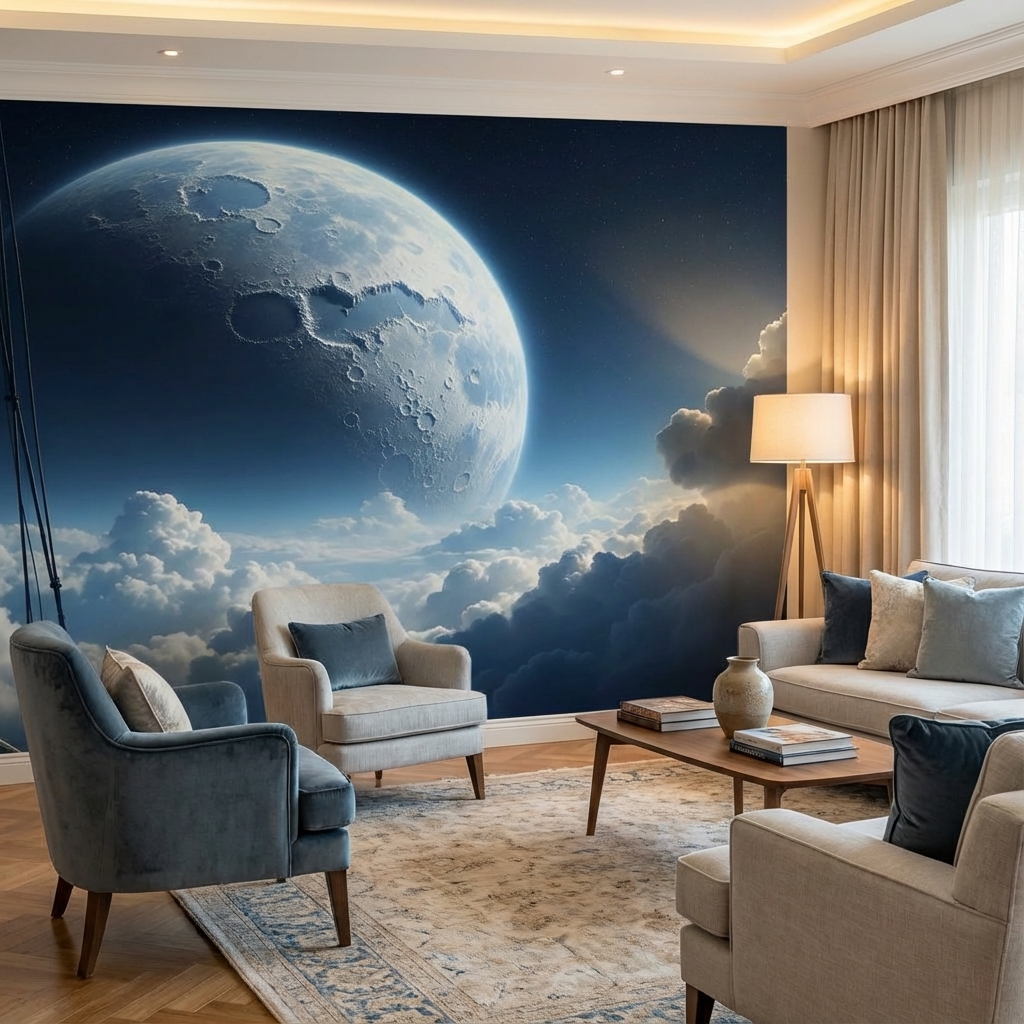 Ay ve Bulutlar Duvar Kağıdı – Peel & Stick Gökyüzü Temalı Duvar Kağıdı