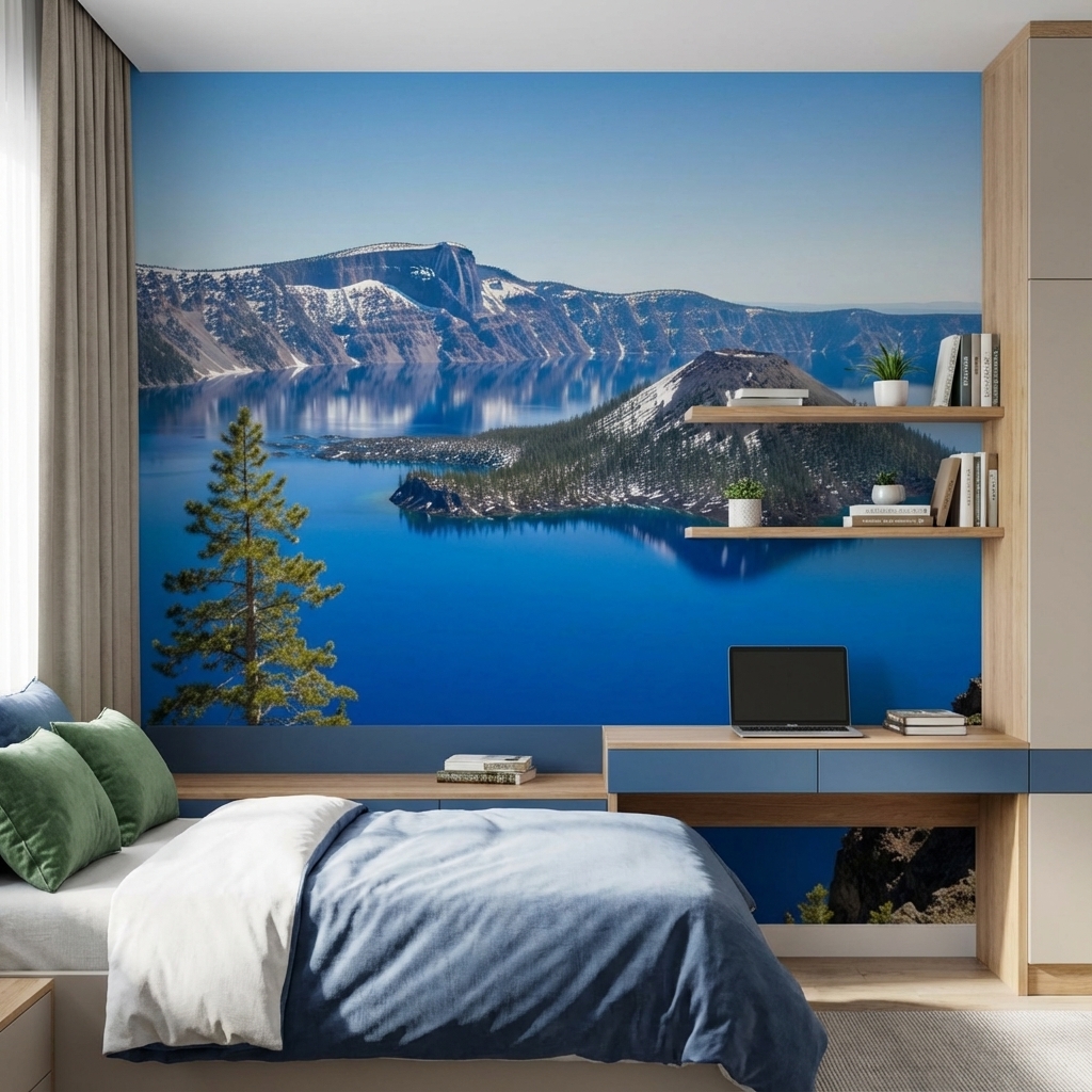 Mavi Göl ve Dağ Manzarası Duvar Kağıdı – Peel & Stick Doğa Temalı Duvar Kağıdı