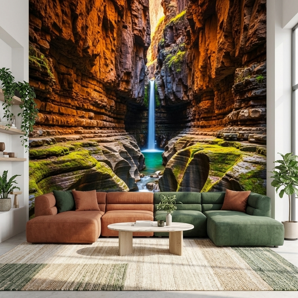 Kanyon ve Şelale Manzarası Duvar Kağıdı – Doğa Temalı Peel & Stick Duvar Kağıdı