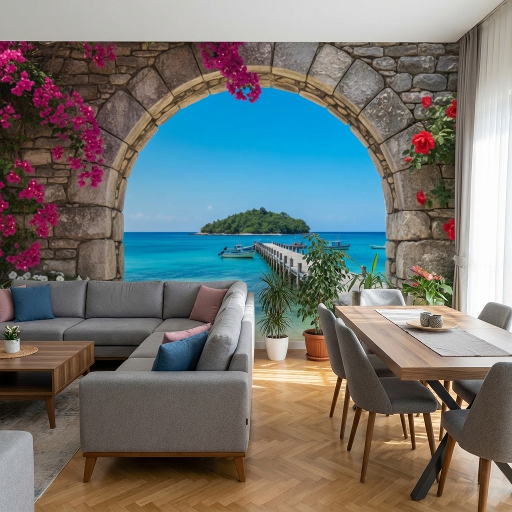 Deniz ve İskele Manzarası Duvar Kağıdı – Akdeniz Temalı Peel & Stick Duvar Kağıdı