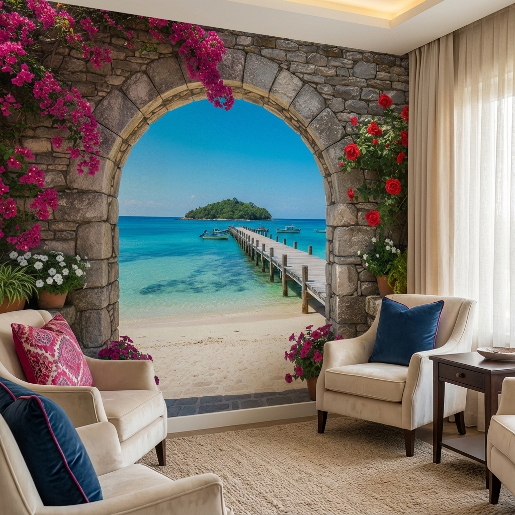 Deniz ve İskele Manzarası Duvar Kağıdı – Akdeniz Temalı Peel & Stick Duvar Kağıdı