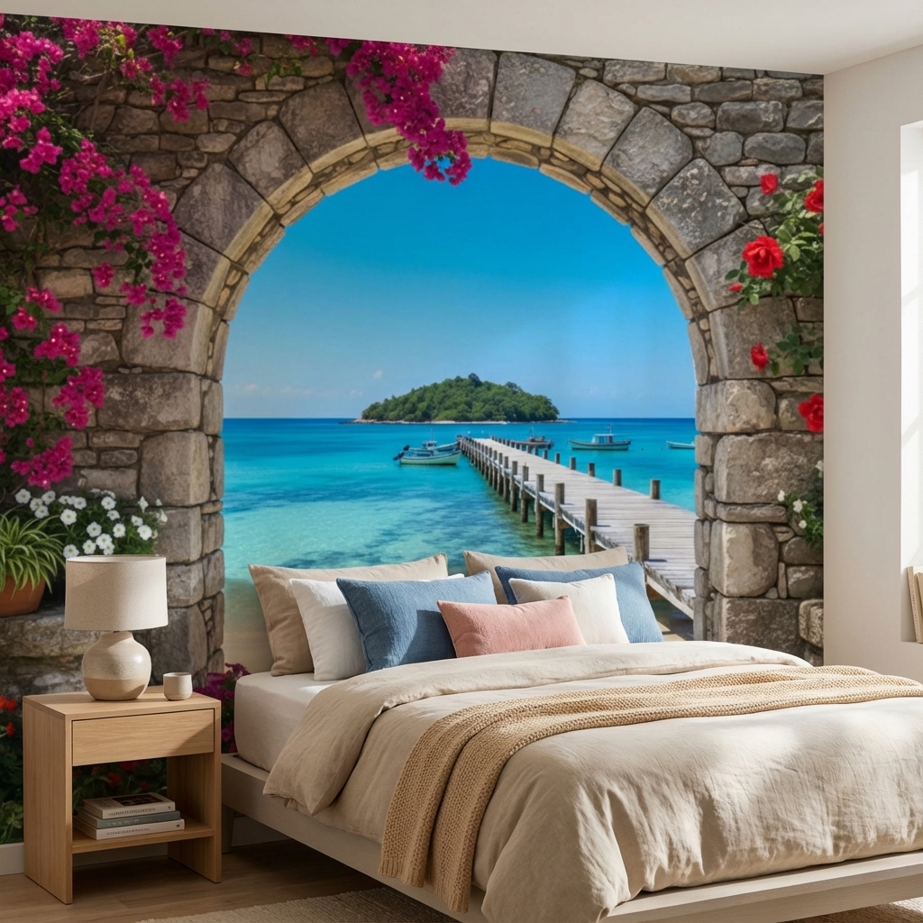 Deniz ve İskele Manzarası Duvar Kağıdı – Akdeniz Temalı Peel & Stick Duvar Kağıdı