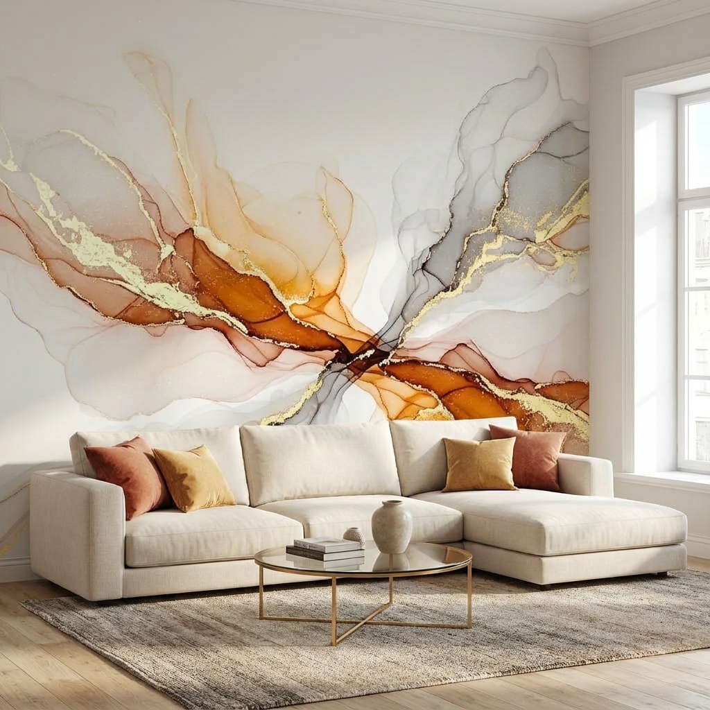 Altın Detaylı Soyut Akış Duvar Kağıdı – Modern Lüks Abstract Peel & Stick Duvar Kağıdı