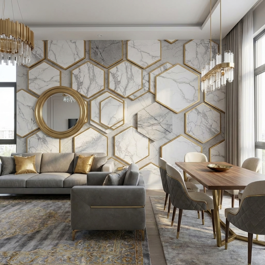 Altın Çerçeveli Mermer Altıgen Duvar Kağıdı – Modern Geometrik Lüks Peel & Stick