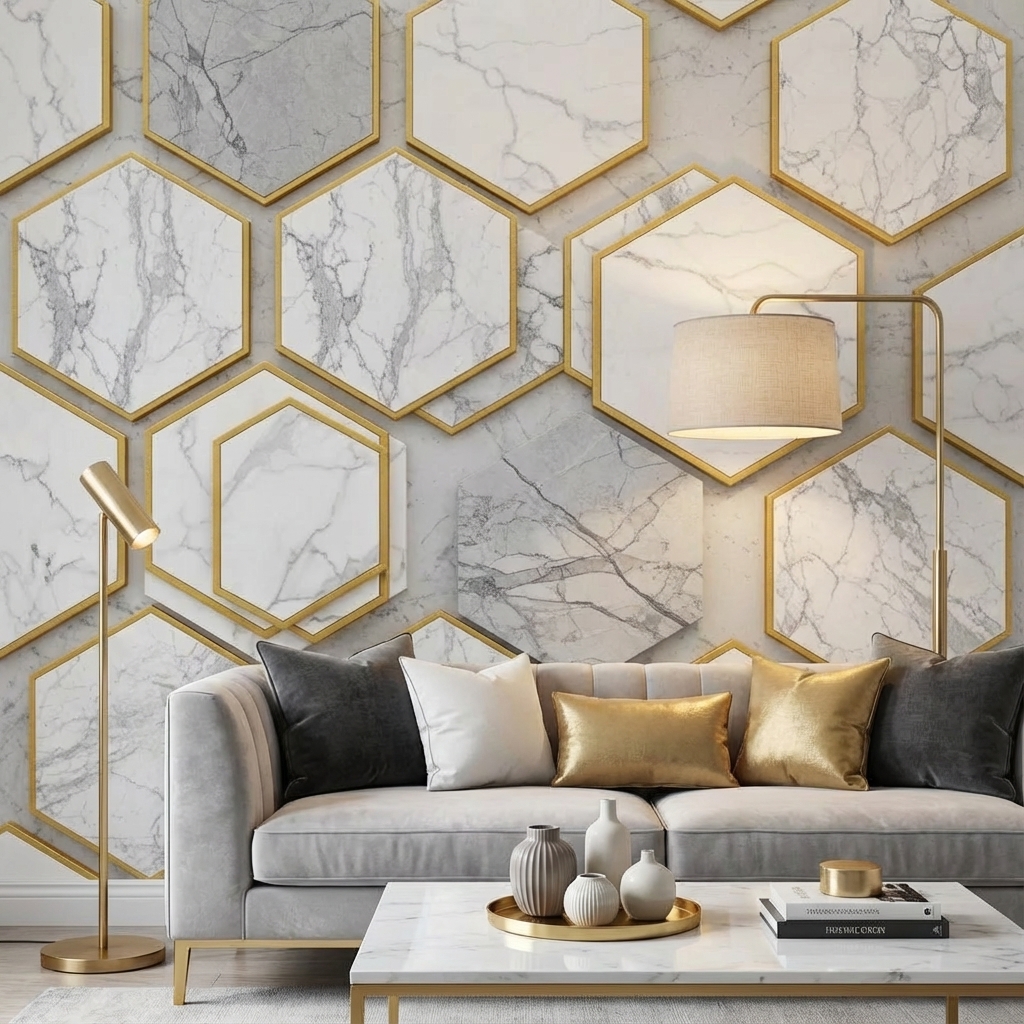 Altın Çerçeveli Mermer Altıgen Duvar Kağıdı – Modern Geometrik Lüks Peel & Stick