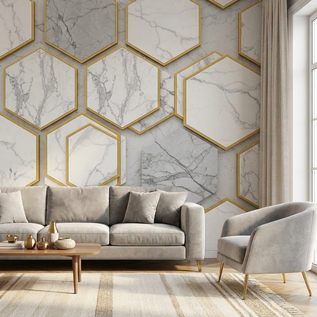 Altın Çerçeveli Mermer Altıgen Duvar Kağıdı – Modern Geometrik Lüks Peel & Stick