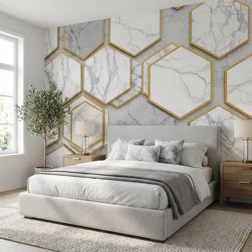 Altın Çerçeveli Mermer Altıgen Duvar Kağıdı – Modern Geometrik Lüks Peel & Stick