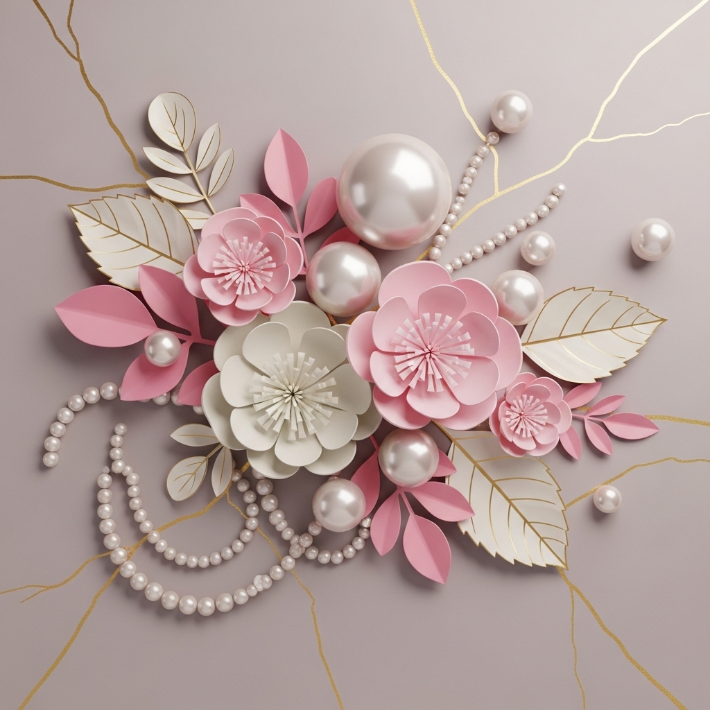 3D Çiçek ve İnci Desenli Modern Duvar Kağıdı