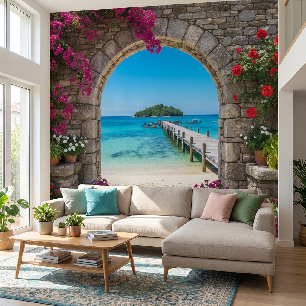 Taş Kemer ve Tropikal Plaj Manzarası Duvar Kağıdı