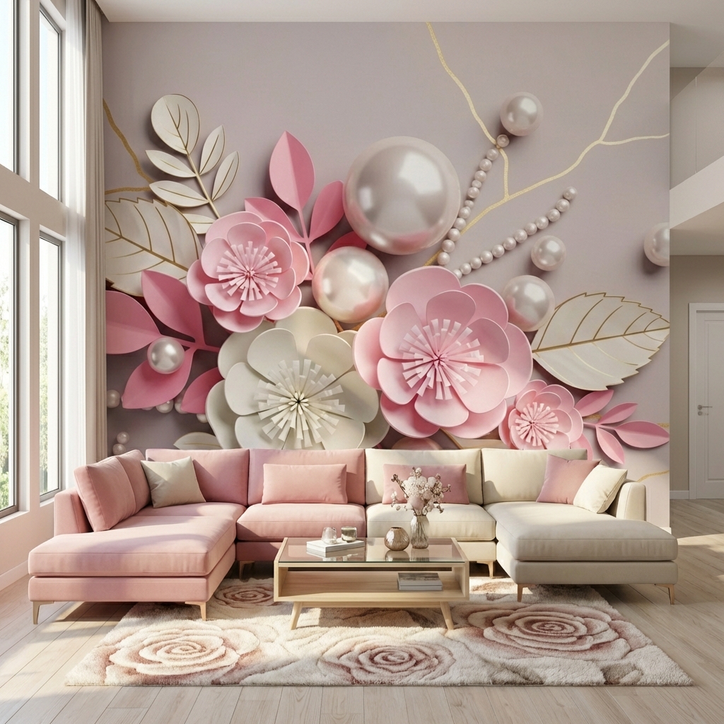 3D Çiçek ve İnci Desenli Modern Duvar Kağıdı