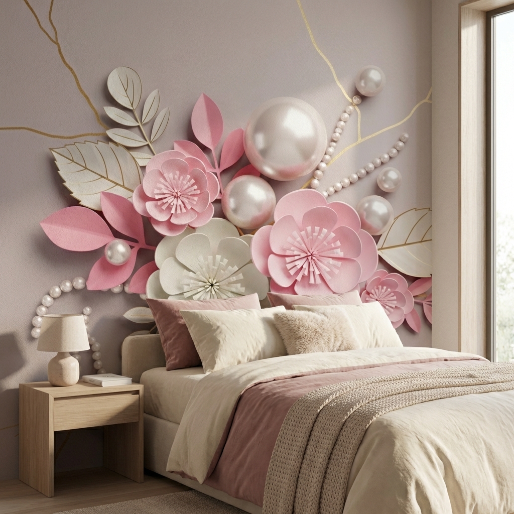 3D Çiçek ve İnci Desenli Modern Duvar Kağıdı