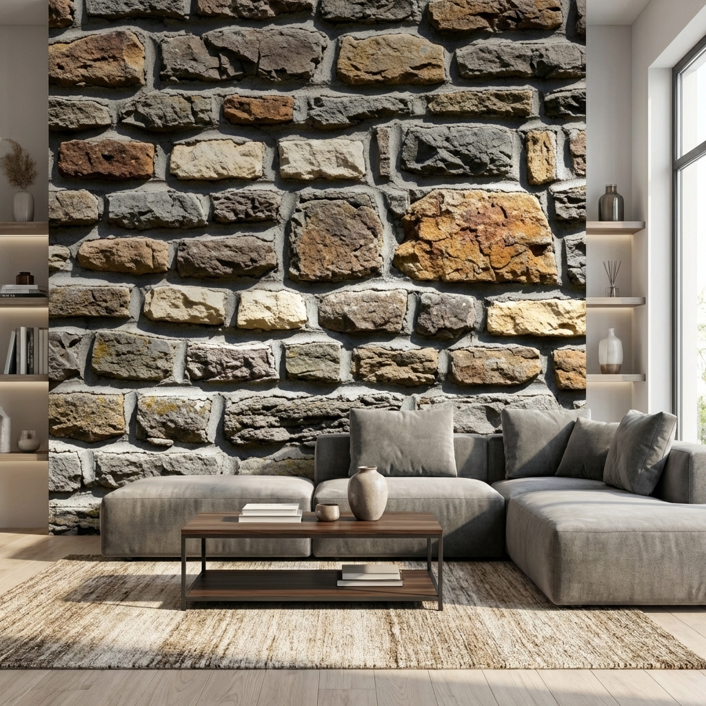 Gerçekçi Taş Duvar Görünümlü Modern Duvar Kağıdı