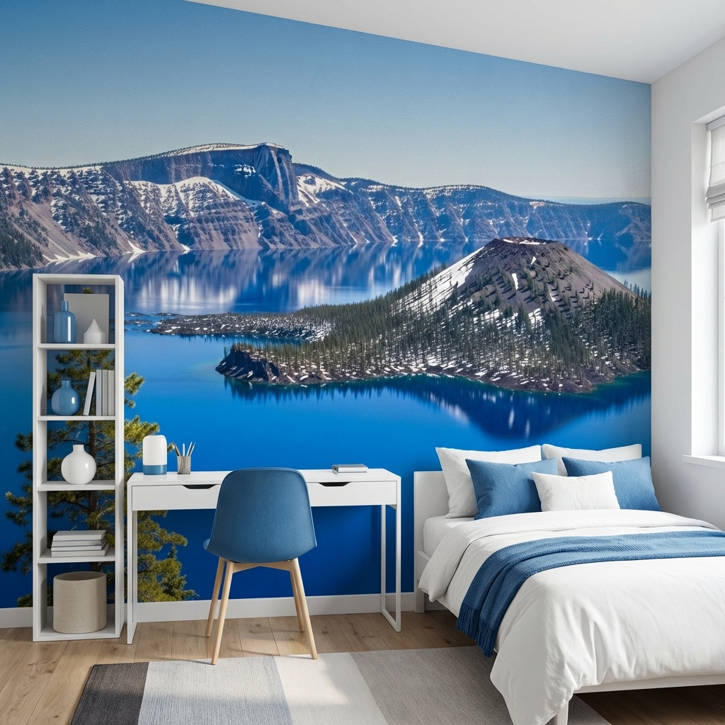 Mavi Göl ve Dağ Manzarası Doğa Temalı Duvar Kağıdı