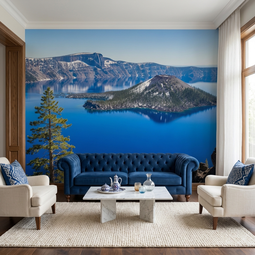 Mavi Göl ve Dağ Manzarası Doğa Temalı Duvar Kağıdı