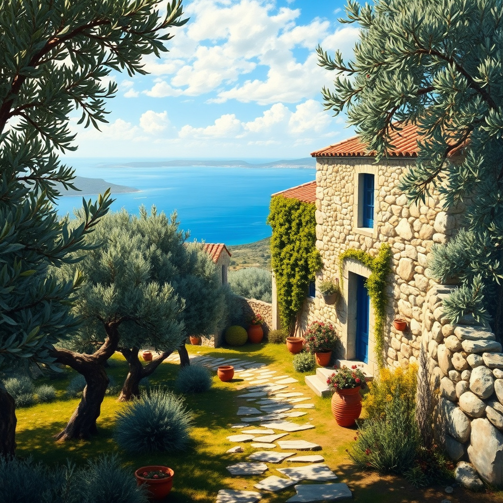 Duvarda Sanat Estetik Ege Zeytin Bahçeleri ve Taş Ev Kendinden Yapışkanlı Duvar Kağıdı No:244 No:1022