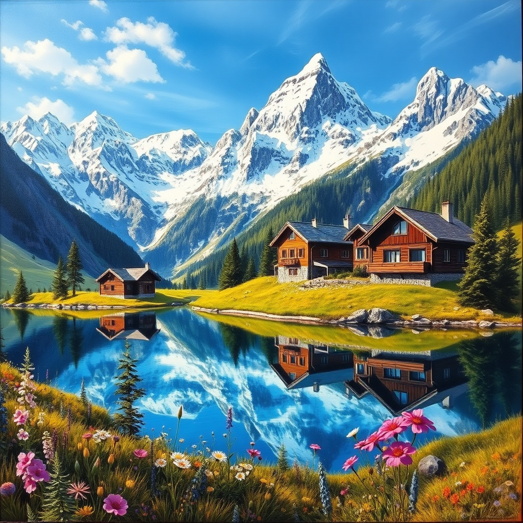 Duvarda Sanat Retro İsviçre Alpleri ve Göl Evleri Kendinden Yapışkanlı Duvar Kağıdı No:1028