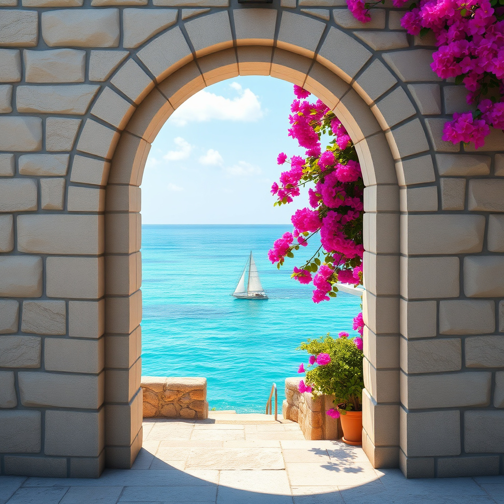 Duvarda Sanat Retro 3D Taş Kemer Akdeniz Koyu Manzaralı Duvar Kağıdı No:1066