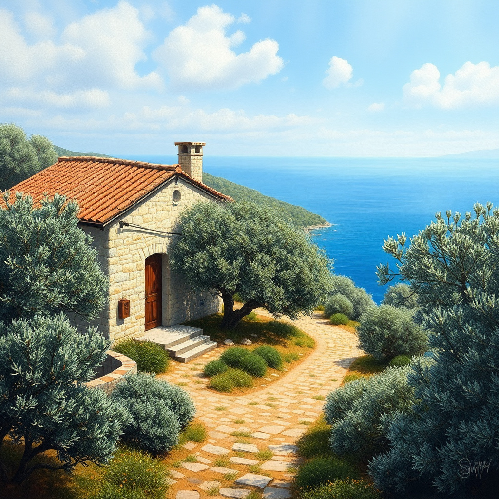 Duvarda Sanat Retro Ege Zeytin Bahçeleri ve Taş Ev Kendinden Yapışkanlı Duvar Kağıdı No:789 No:1092
