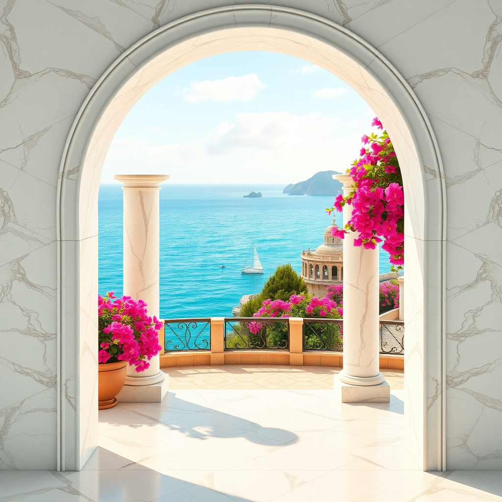 Duvarda Sanat Bohem 3D Mermer Kemer Akdeniz Koyu Manzaralı Duvar Kağıdı