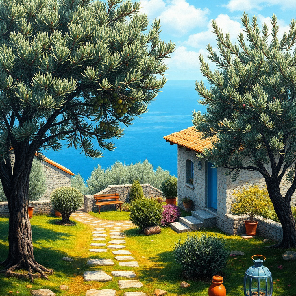 Duvarda Sanat Rustik Ege Zeytin Bahçeleri ve Taş Ev Kendinden Yapışkanlı Duvar Kağıdı No:1156