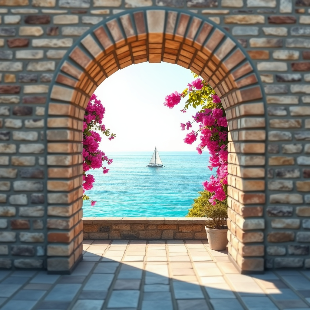 Duvarda Sanat Retro 3D Tuğla Kemer Akdeniz Koyu Manzaralı Duvar Kağıdı No:1161
