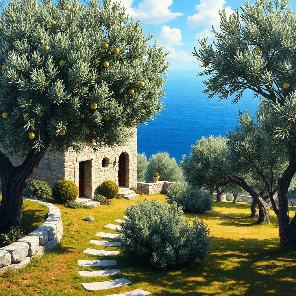 Duvarda Sanat Bohem Ege Zeytin Bahçeleri ve Taş Ev Kendinden Yapışkanlı Duvar Kağıdı No:1171