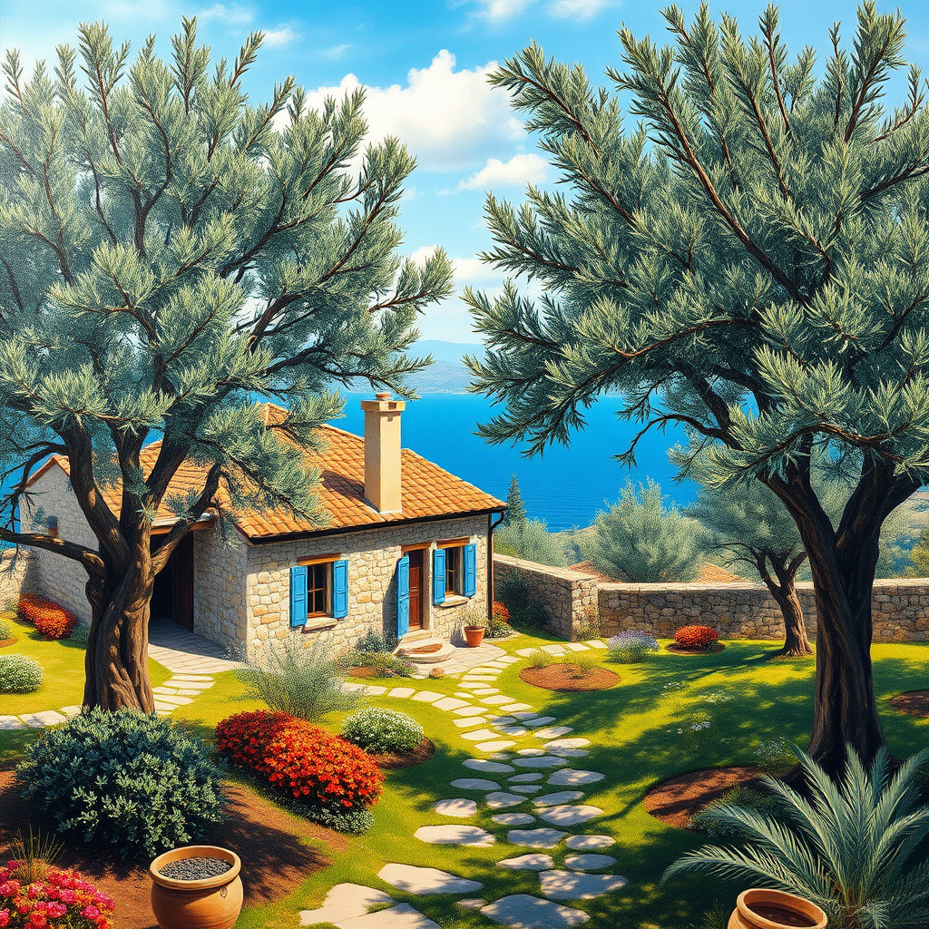 Duvarda Sanat Zarif Ege Zeytin Bahçeleri ve Taş Ev Kendinden Yapışkanlı Duvar Kağıdı No:1175