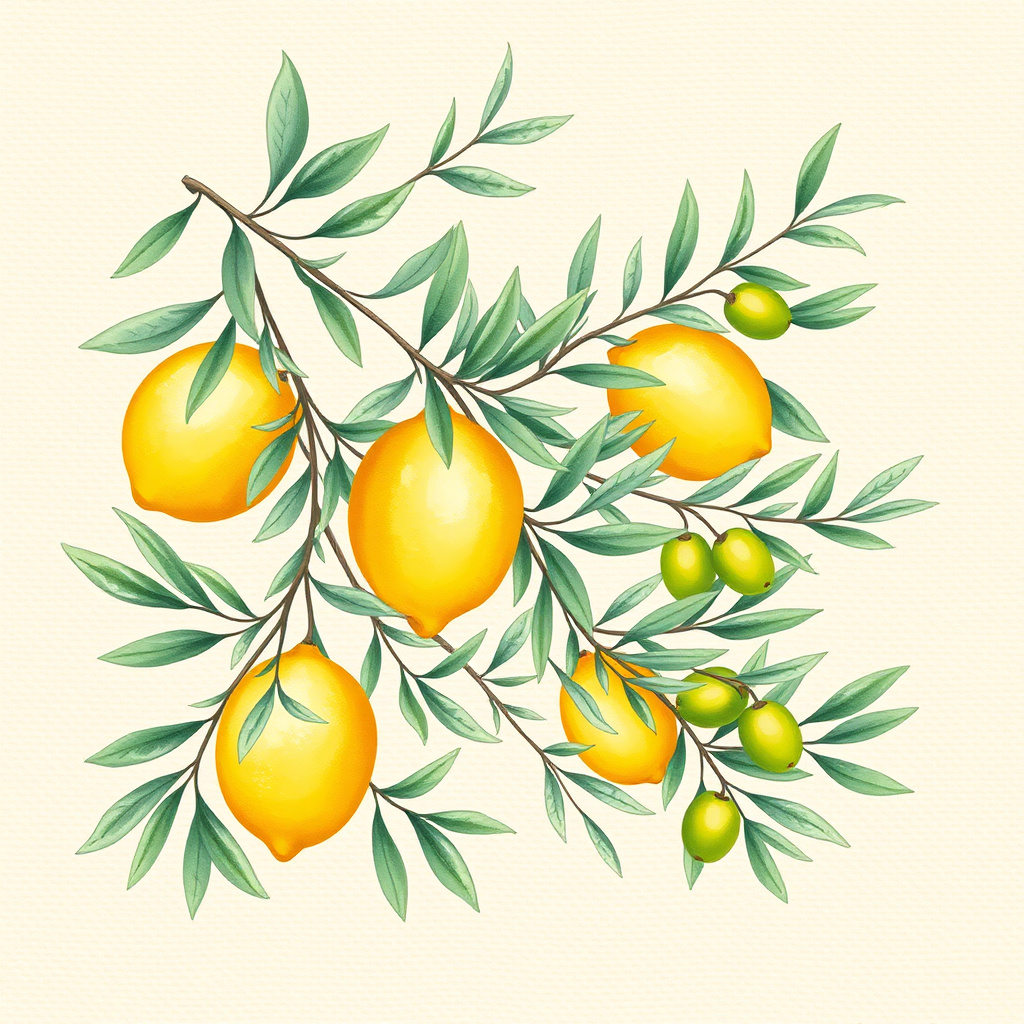 Duvarda Sanat Şık Lüks Limon ve Zeytin Dalları Kendinden Yapışkanlı Duvar Kağıdı No:1183