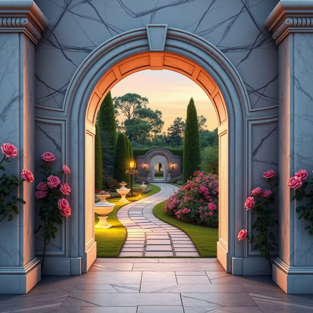 Duvarda Sanat Premium 3D Mermer Kemer Romantik İtalyan Bahçesi Manzaralı Duvar Kağıdı No:1184