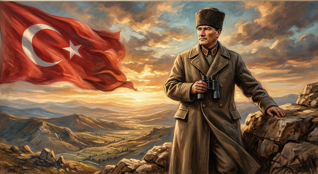 Duvarda Sanat Mustafa Kemal Atatürk Kocatepe ve Türk Bayrağı Cumhuriyet Serisi Kendinden Yapışkanlı Duvar Kağıdı No:1202